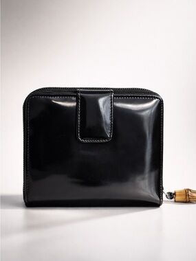 Gucci Black Patent Leather Bamboo Zip Around Wallet Vintage